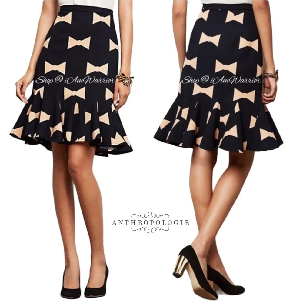 Anthropologie {Eva Franco} navy & blush pink bow tie print flounce skirt